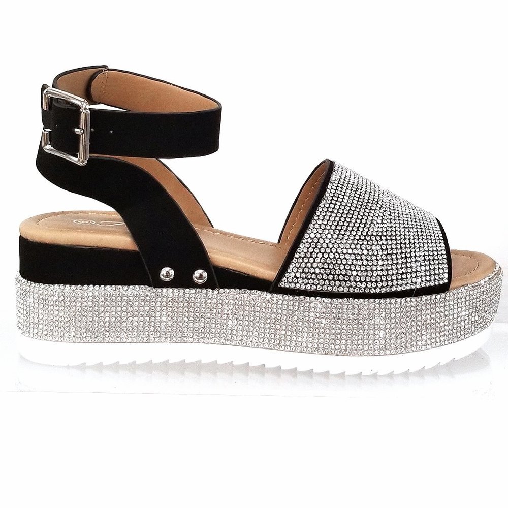 Black Rhinestone Flatform Platform Wedge Sandals - Picture 2 of 2